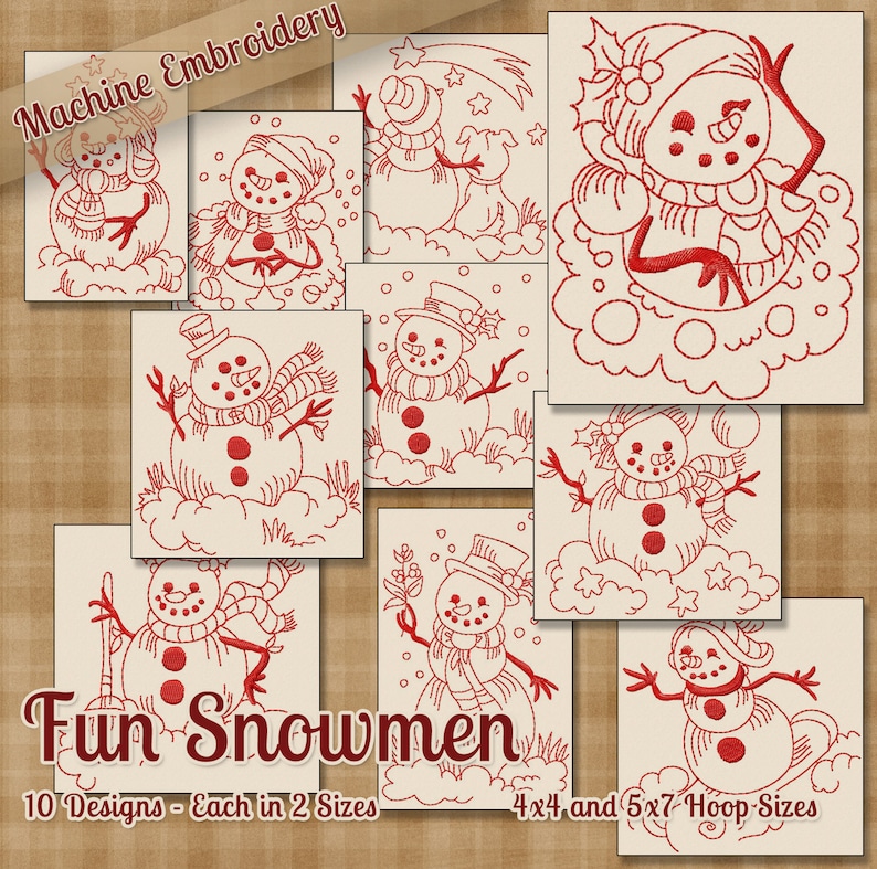 Redwork Fun Snowmen Machine Embroidery Patterns / Designs 4x4 Etsy