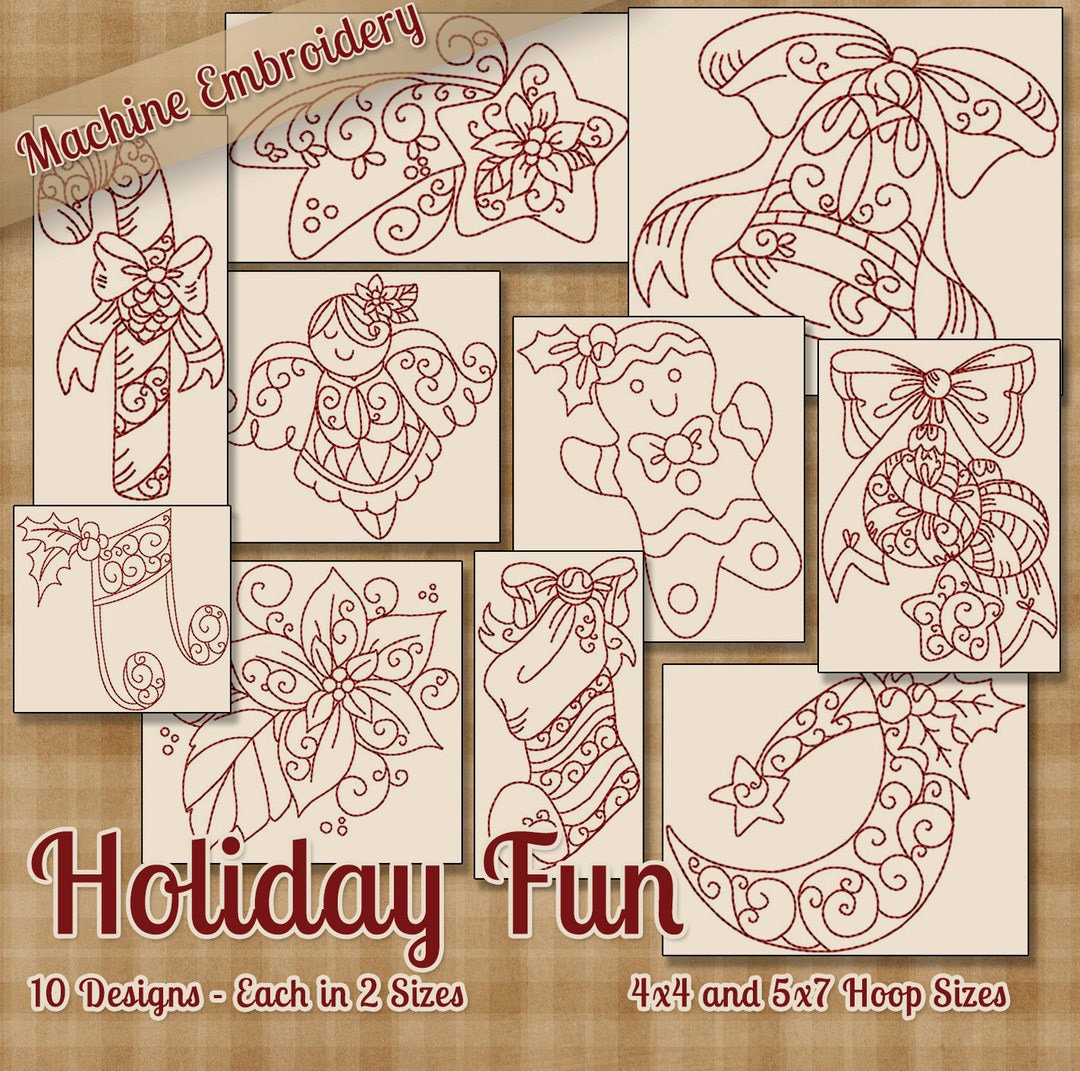 Holiday Fun Redwork Machine Embroidery Patterns / Designs 4x4 and 5x7 ...