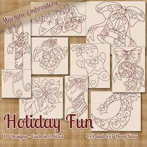 Urlaub Spaß Redwork Maschine Stickerei Muster / Designs 4 x 4 und 5 x 7 Reifen INSTANT DOWNLOAD dekorative Umriss Stil Quilten