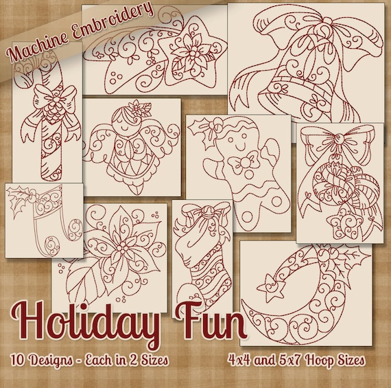 Holiday Fun Redwork Machine Embroidery Patterns / Designs 4x4 and 5x7 Hoop INSTANT DOWNLOAD Decorative Outline Style Quilting