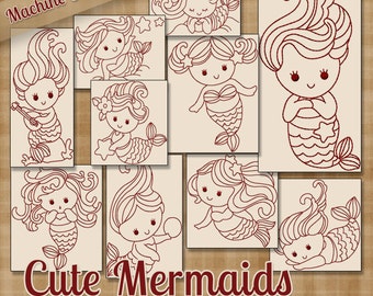 Redwork Cute Mermaids Machine Embroidery Patterns / Designs - 4x4 and 5x7 Hoop - 10 Designs INSTANT DOWNLOAD