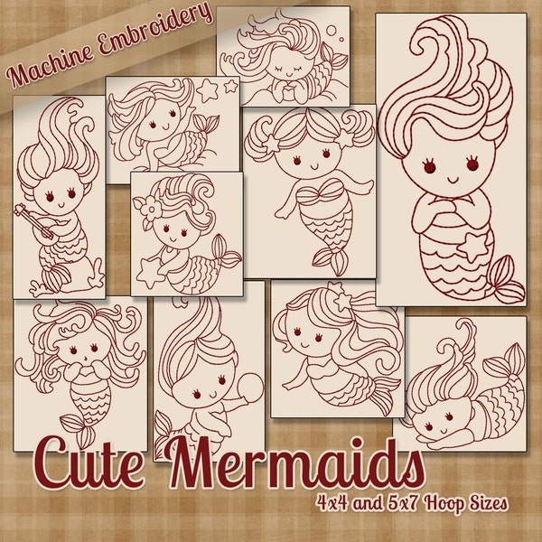 Redwork Cute Mermaids Machine Embroidery Patterns / Designs - 4x4 and 5x7 Hoop - 10 Designs INSTANT DOWNLOAD