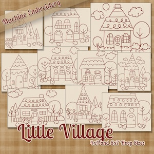 May include: Machine embroidery design of a small village with houses, trees, and clouds. The design is in red thread and is suitable for 4x4 and 5x7 hoop sizes.