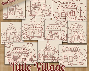 Redwork Little Village Machine Embroidery Patterns / Designs - 4x4 and 5x7 Hoop - 10 Whimsical Home House 2 Sizes INSTANT DOWNLOAD