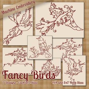 Fancy BIrds Redwork Machine Embroidery Patterns / Designs 4x4 and 5x7 Hoop INSTANT DOWNLOAD Decorative Outline Style Quilting