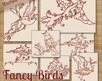 Fancy BIrds Redwork Machine Embroidery Patterns / Designs 4x4 and 5x7 Hoop INSTANT DOWNLOAD Decorative Outline Style Quilting