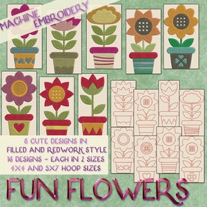 Fun Flowers Redwork and Filled Embroidery Machine Designs on CD - 16 Patterns in 2 Sizes Each Instant Download art pes jef exp hus sew dst
