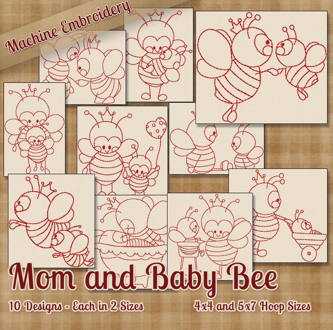 Redwork Mom and Baby Bee Machine Embroidery Patterns / Designs 4x4 and ...