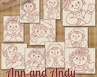 Redwork Raggedy Ann and Andy Machine Embroidery Patterns / Designs - 4x4 and 5x7 Hoop - 10 Fun Designs 2 Sizes INSTANT DOWNLOAD