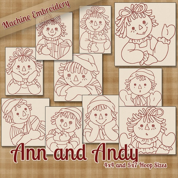 Redwork Raggedy Ann e Andy Machine Ricamo Modelli / Disegni - 4x4 e 5x7 Hoop - 10 Disegni Divertenti 2 Dimensioni INSTANT DOWNLOAD