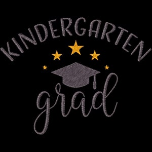 May include: Kindergarten graduation design with the text "Kindergarten grad" in gray script font and a gray graduation cap with five gold stars above it.