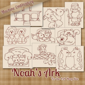 May include: A set of 10 machine embroidery designs featuring animals from Noah's Ark. The designs include a pair of lions, a pair of monkeys, a pair of giraffes, a pair of foxes, a pair of lambs, a bird, Noah, and the Ark itself. The designs are all in black and white and are suitable for a 4x4 hoop.