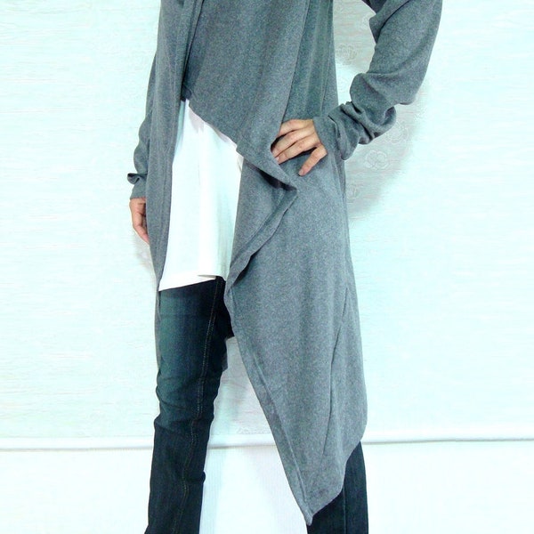 Women Unique Long Gray Cardigan - Cowl Neck Oversized  Wrap - in asymmetrical lagenlook