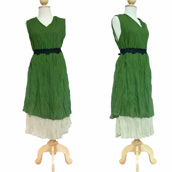 Forest Layering Green Cotton Dress, Casual Green Dress, Casual Dress - Green short dress ( women, size M - XL medium extra large)