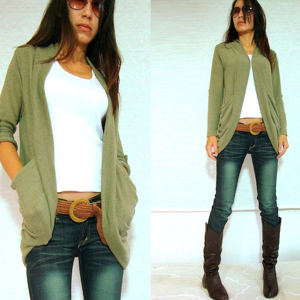 women sweater unique with big pockets fall fashion greenish gray cardigan -  cardigan... cardigan... cardigan