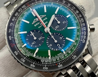 Reloj de hombre Breitling Navitimer B01 Cronógrafo Vintage de 46 mm, de acero, con esfera verde. Regalo para marido.