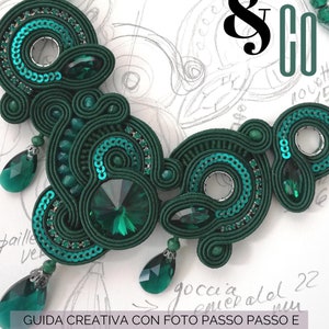 May include: Emerald green soutache necklace with sparkling sequins and large crystal accents. The design features intricate patterns and teardrop-shaped pendants. The text "Soutache & Co" is displayed.