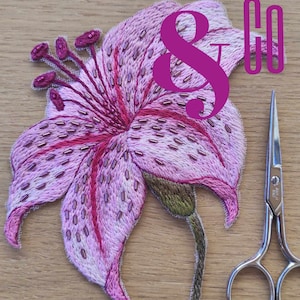 May include: A pink embroidered lily flower with a green stem and leaves. The flower is on a wooden surface with a pair of silver scissors. The text "CREAZIONE PATCH LILIUM. ALESSANDRA DEL VITTO PER ADELSLABORATORY™" is at the top of the image. The text "Ricamo & Go" is in large pink letters. The text "GUIDA CREATIVA CON VIDEO PASSO PASSO E DESCRIZIONI DETTAGLIATE" is at the bottom of the image.