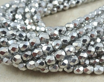 4mm Silver Faceted Czech Glass Beads  4mm Metallic Silver Beads  4mm Faceted Round Beads - Silver Metallic (FP4/N-087) - Qty 50