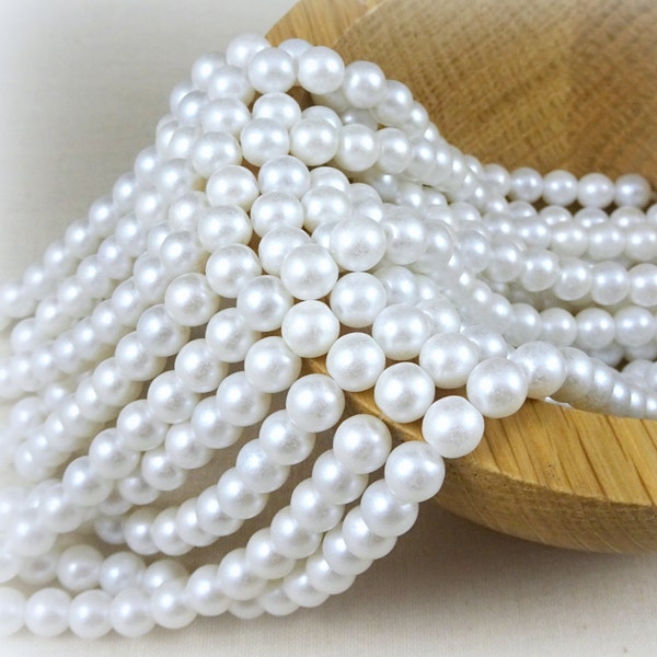 White Glass Pearl Beads  White Czech Beads  6mm Round White Pearls  6mm Druk Beads - White Pearl (D6/SM-25001) - Qty. 50