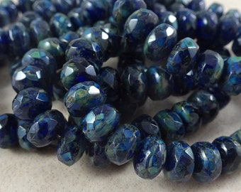 Czech Beads Cobalt and Emerald Picasso Beads Dark Blue and Green Glass Beads Qty 12 R8RJ-0363 8x6mm Rondelle Czech Glass Beads