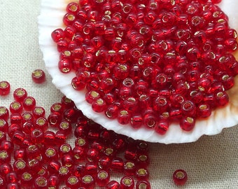 Red Seed Beads  8/0 TOHO Silver Lined Glass Beads (T8/SM-25C) Semi-Transparent Red Seed Bead  8/0 Glass Seed Beads  3mm Beads - Qty 10 grams