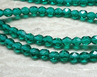 Czech Glass Beads - 4mm Teal Green Glass Beads  4mm Faceted Round Czech Beads  Transparent Green Beads (FP4/SM-5073) * Qty 50