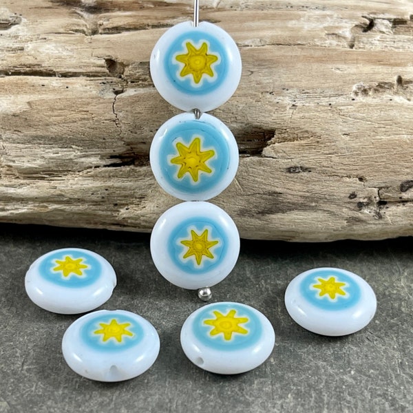 Blue  Yellow and White Glass Flower Bead  12mm White Coin Bead with Blue and Yellow Flower Design  Blue and Yellow Flower Bead - Qty. 6