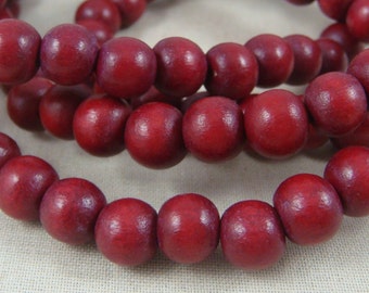 Mala Beads, Lightweight Wooden Beads, Burgundy Wooden Beads - 8mm Round Dark Red Wooden Beads, Cranberry Red Beads (9464) - 16" Strand