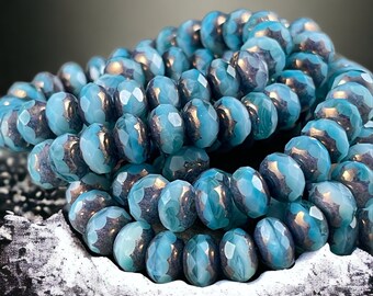 Light Blue Czech Glass Faceted Rondelles ~ 8x6mm Larimar Blue Rondelle ~ Czech Glass Beads with Metallic Picasso (R8/RJ-2710) *
