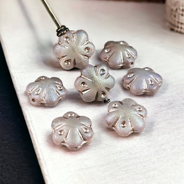 Czech Glass Flower Beads  Matte Crystal with AB and Platinum Wash  11mm Scalloped Puffy Flower Bead  Czech Glass Beads (PFS14) * Qty. 8