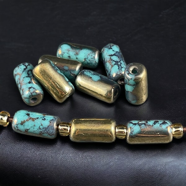 Czech Glass Beads ~ 14x7mm Large Hole Glass Tube Bead ~ Turquoise with Marbled Picasso and Bronze Finish ~ 2mm Hole (TUBE/N-0932) * Qty. 8