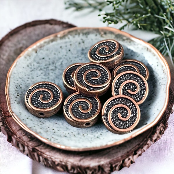 Antiqued Copper Metal Beads  Swirl Design  9mm Copper Spacer Beads  Double Sided Beads  Hildie & Jo - Qty. 12 Beads