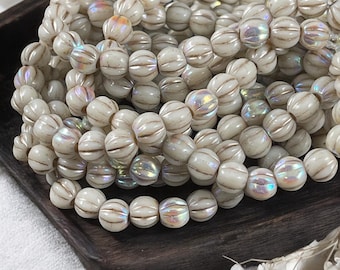 Czech Glass Beads - 6mm Large Hole Melon - Beige Glass with Rainbow AB Finish and Metallic Beige Wash (BH6/N-145) * Qty. 25