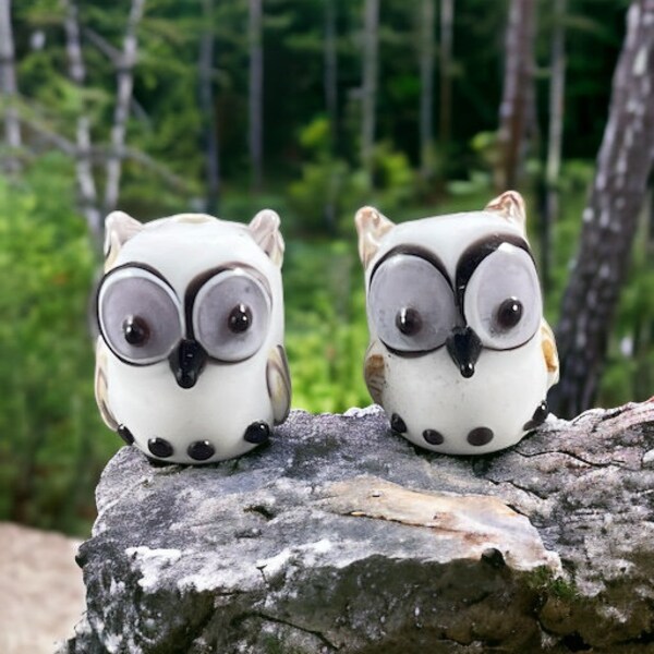 Nature Theme, Bird Lampwork Beads - Woodland Owl White, Lamp work Owl Bead, White Glass Owl * Qty. 2