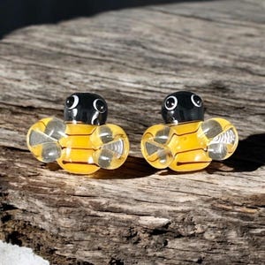 Bee Beads, Yellow and Black Bumble Bees, Lamp Work Beads - Bumble Bee Lampwork Beads - 13mm - Select Pair or Individual from Options
