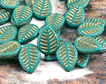 Czech Glass Beads - Briolette Dogwood Leaf Beads, 16x12mm Turquoise Leaf Beads, Opaque Turquoise with Gold Wash (L/N-1022) * Qty. 8