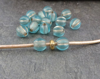 Czech Glass Beads - 6mm Large Hole Melon Beads ~ Matte Light Blue and Gold Beads  Soft Matte Blue Large Hole Beads (BH6/N-091) * Qty 25