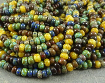 Aged Picasso Seed Beads, 4/0 Seed Beads, 5mm Picasso Seed Beads, Aged Caribbean Blue Striped Picasso Mix (4/0-006)
