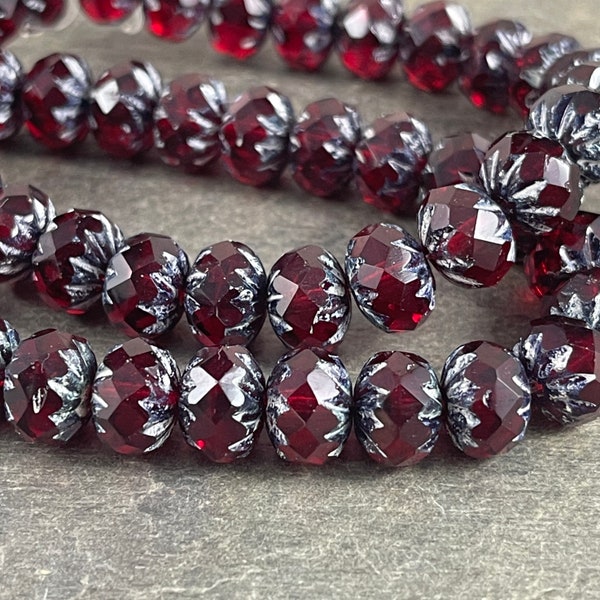 Ruby Red Czech Glass Beads  6x9mm Cruller  Dark Red Czech Beads - Transparent Ruby Red Picasso Rondelles (CR9/N-0406) - Qty. 10