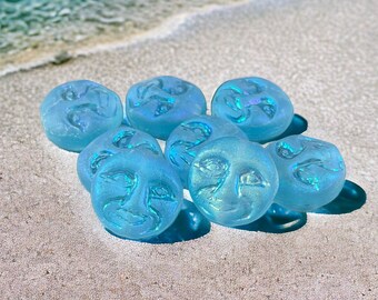 Man in the Moon Face Beads ~ Czech Glass Beads - Light Blue Iridescent AB Moon Beads, Blue Frosted Glass (MISC/RJ-5002) * Qty. 6