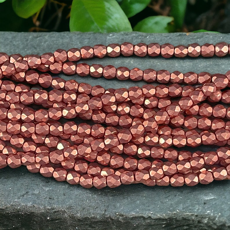 Rose Gold Czech Glass Beads 4mm Fire Polished Beads Faceted Round Beads Coppery Pink Metallic Beads FP4/SM-08A02 Qty. 50 image 1