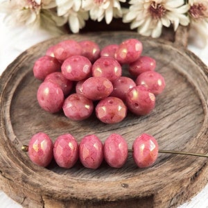 Czech Glass Beads - Salmon Pink Rondelles with Golden Luster, 8x6mm Opaque Pink Faceted Rondelle (R8/N-0600) * Qty. 25