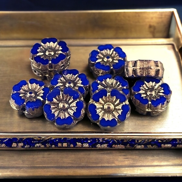 Czech Glass Flower Beads  9mm Indigo Blue Hibiscus Flower  Blue and Bronze Glass Flower  Czech Glass Beads (FL9/N-1641) * Qty. 8