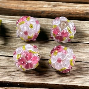 Pink Lampwork Flower Beads, 14mm Floral Theme Lampwork Beads * Qty. 2