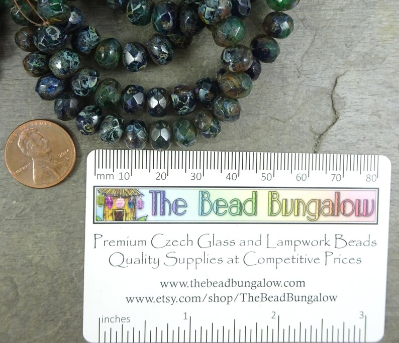 Czech Beads Cobalt and Emerald Picasso Beads Dark Blue and Green Glass Beads Qty 12 R8RJ-0363 8x6mm Rondelle Czech Glass Beads