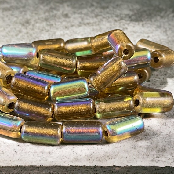 Czech Glass Beads - 14x7mm Large Hole Tube Bead, Gold Glass with AB Finish and Gold Lining, 2mm Hole (TUBE/N-0988) * Qty. 10