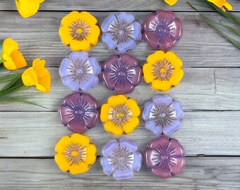 Flower Assortment Sampler - Purple and Yellow Czech Glass Beads - 12mm Hibiscus Flower in Pansy Theme (BB323.04) * Qty. 12