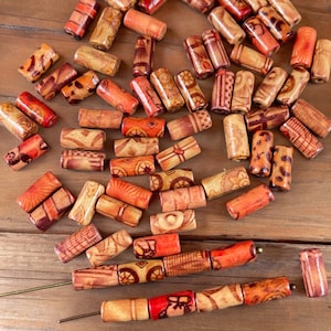 12x5mm Wooden Tube Beads, Lightweight Wooden Beads  Mixed Patterns and Colors, Assorted Wooden Tube Beads - Qty. 100