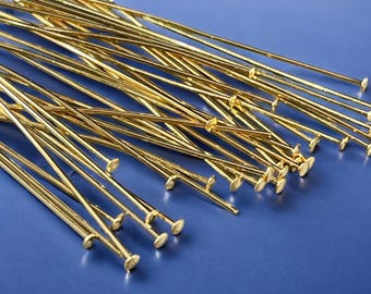 Gold Head Pins, 2" Gold Plated Brass Headpins, 21-gauge Flat Head Pins (5406) * Qty. 50